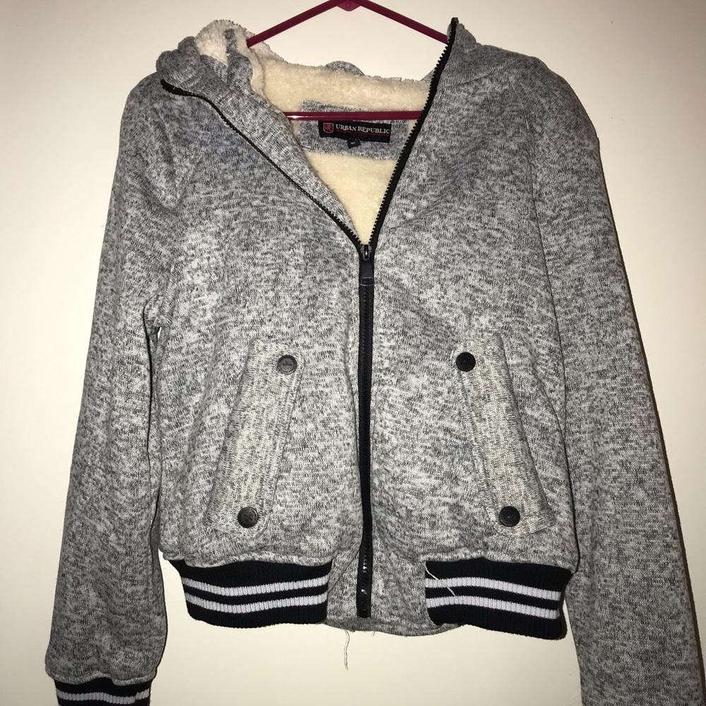 Heather Gray Faux Fur Hood Varsity Jacket